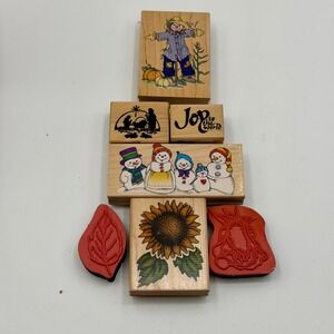 Lot of 7 Wood Mounted Rubber Stamps Scarecrow Snowman Nativity Sunflower Leaf